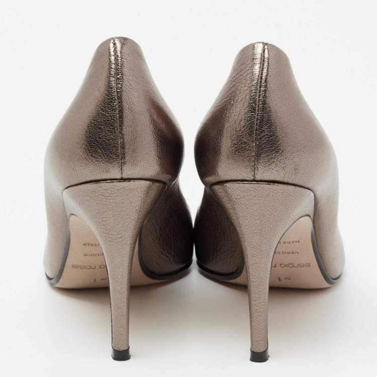 Pre Owned Sergio Rossi Metallic Grey Leather Logo Plaque Detail Pointed Toe Pumps Size 36