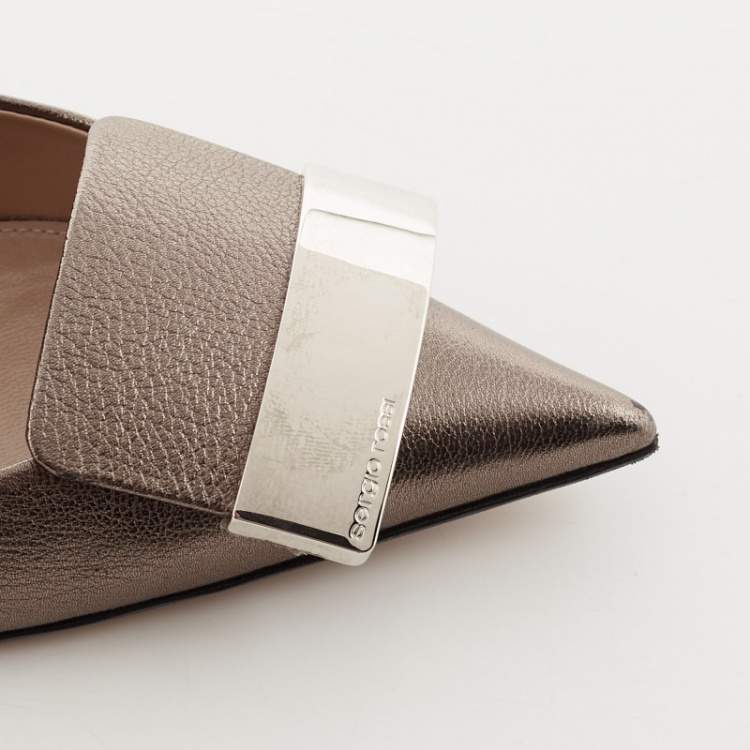 Pre Owned Sergio Rossi Metallic Grey Leather Logo Plaque Detail Pointed Toe Pumps Size 36