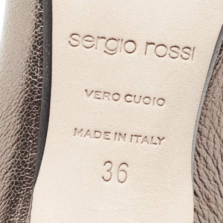Pre Owned Sergio Rossi Metallic Grey Leather Logo Plaque Detail Pointed Toe Pumps Size 36