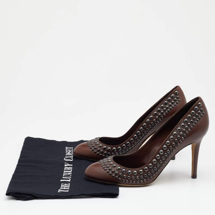 Pre Owned Sergio Rossi Brown Leather Studded Round Toe Pumps Size 40