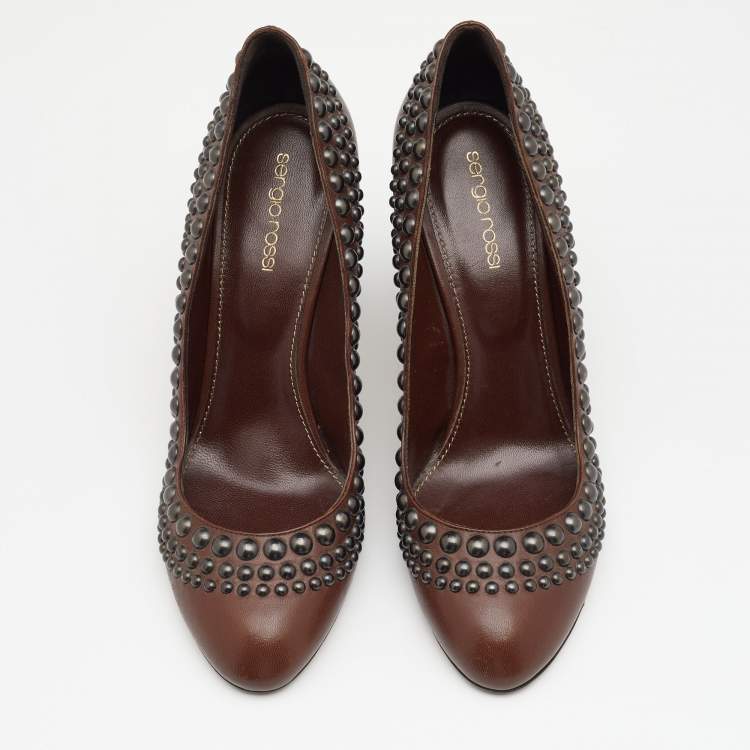 Pre Owned Sergio Rossi Brown Leather Studded Round Toe Pumps Size 40