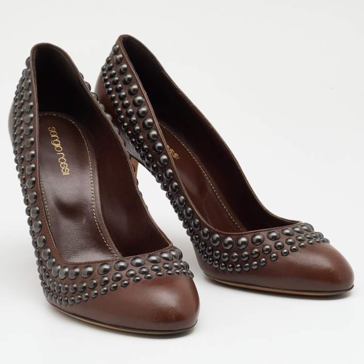 Pre Owned Sergio Rossi Brown Leather Studded Round Toe Pumps Size 40