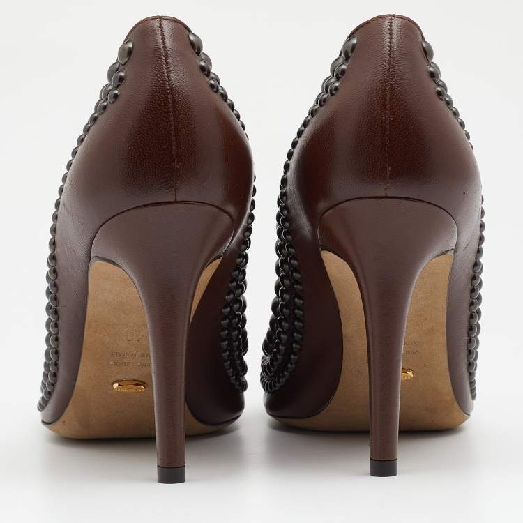 Pre Owned Sergio Rossi Brown Leather Studded Round Toe Pumps Size 40