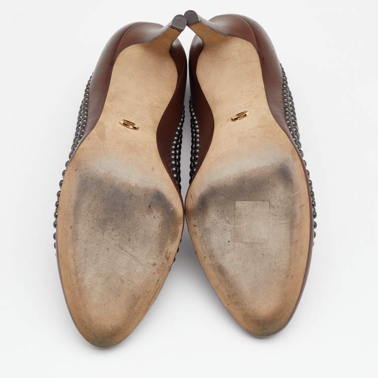 Pre Owned Sergio Rossi Brown Leather Studded Round Toe Pumps Size 40
