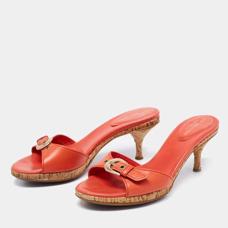 Pre Owned Sergio Rossi Orange Leather Buckle Detail Cork Heel Slide Sandals Size 36.5