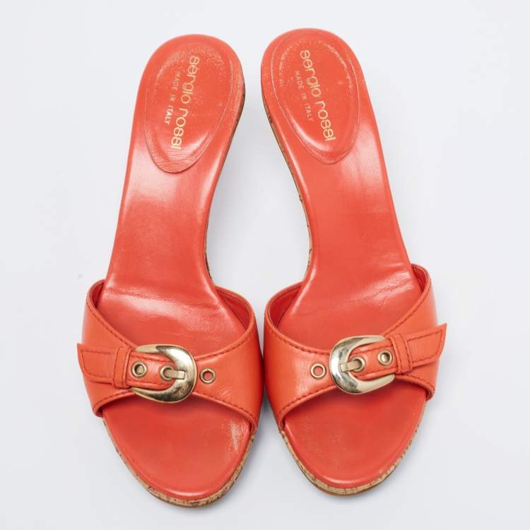 Pre Owned Sergio Rossi Orange Leather Buckle Detail Cork Heel Slide Sandals Size 36.5
