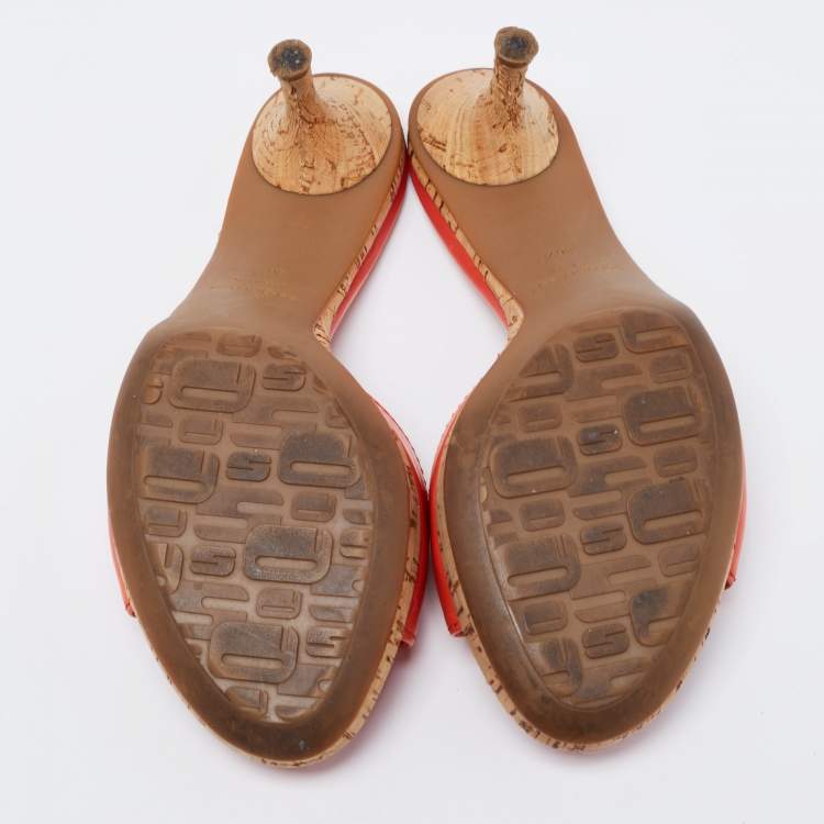 Pre Owned Sergio Rossi Orange Leather Buckle Detail Cork Heel Slide Sandals Size 36.5