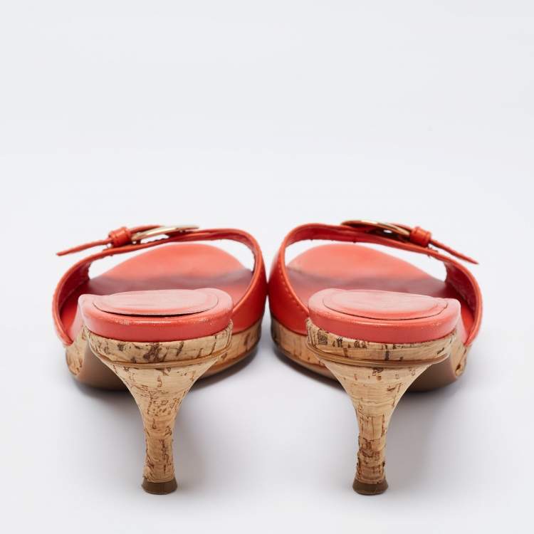 Pre Owned Sergio Rossi Orange Leather Buckle Detail Cork Heel Slide Sandals Size 36.5