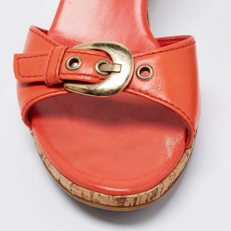 Pre Owned Sergio Rossi Orange Leather Buckle Detail Cork Heel Slide Sandals Size 36.5