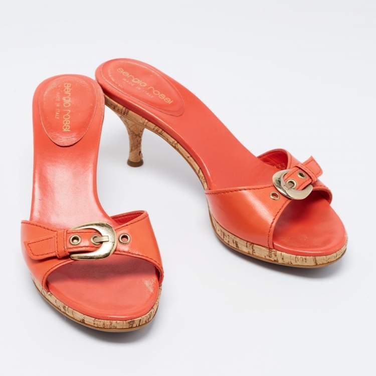 Pre Owned Sergio Rossi Orange Leather Buckle Detail Cork Heel Slide Sandals Size 36.5