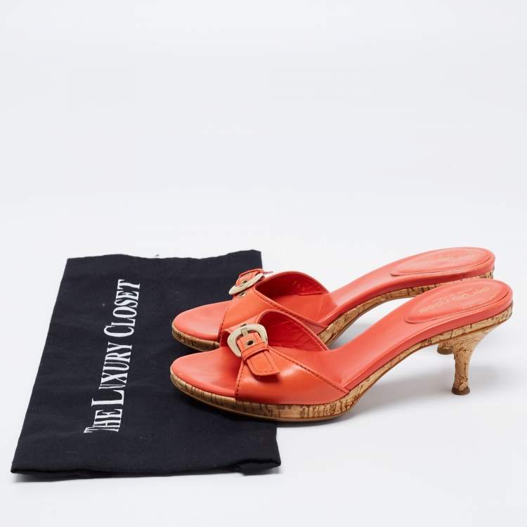 Pre Owned Sergio Rossi Orange Leather Buckle Detail Cork Heel Slide Sandals Size 36.5