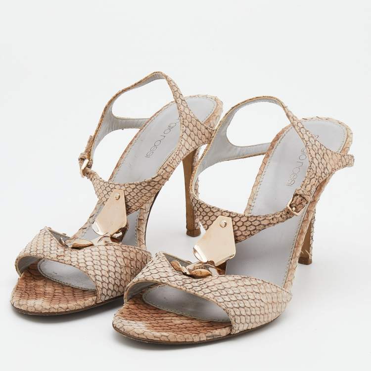 Pre Owned Sergio Rossi Beige Python T-Strap Sandals Size 37.5