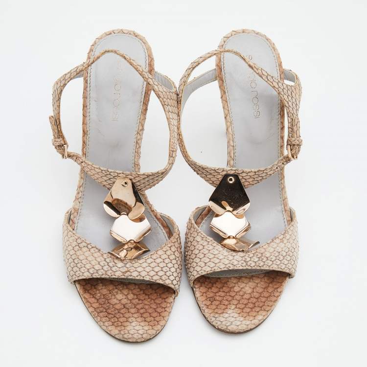 Pre Owned Sergio Rossi Beige Python T-Strap Sandals Size 37.5