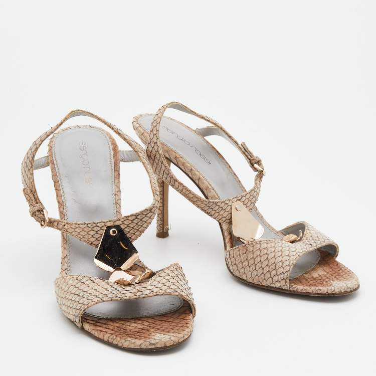Pre Owned Sergio Rossi Beige Python T-Strap Sandals Size 37.5