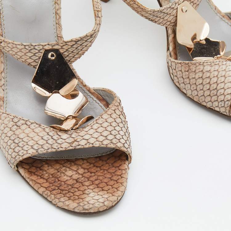 Pre Owned Sergio Rossi Beige Python T-Strap Sandals Size 37.5
