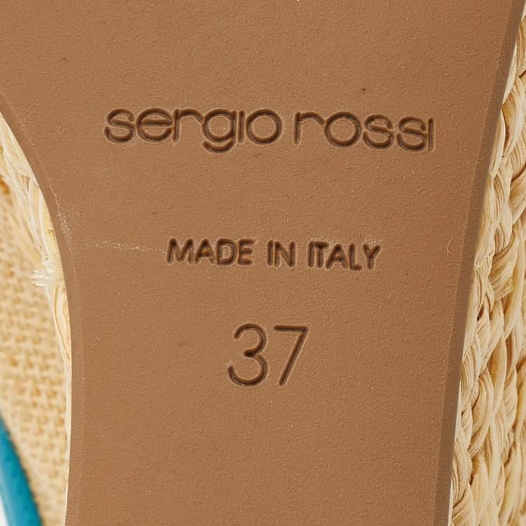 Pre Owned Sergio Rossi Beige/Blue Straw and Leather Slingback Wedge Sandals Size 37