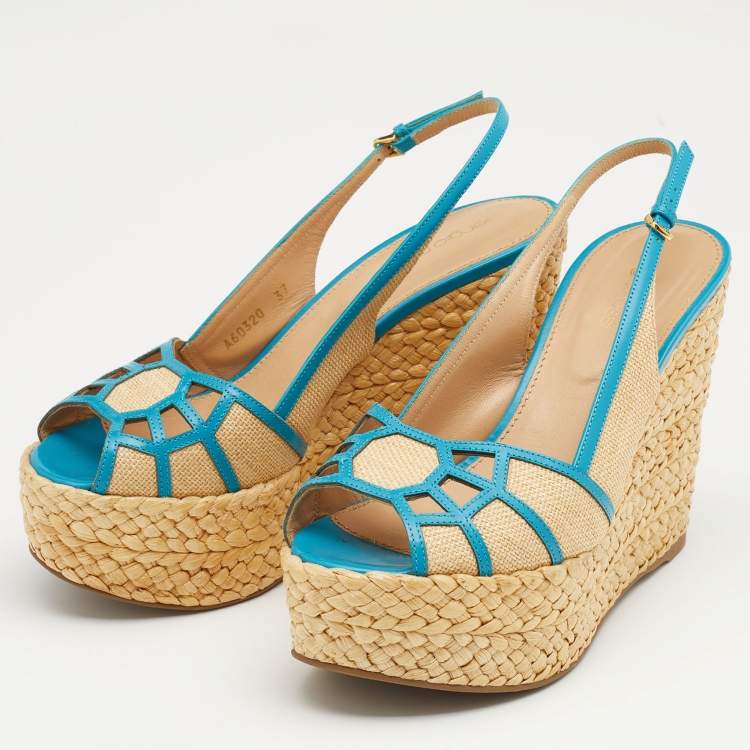 Pre Owned Sergio Rossi Beige/Blue Straw and Leather Slingback Wedge Sandals Size 37