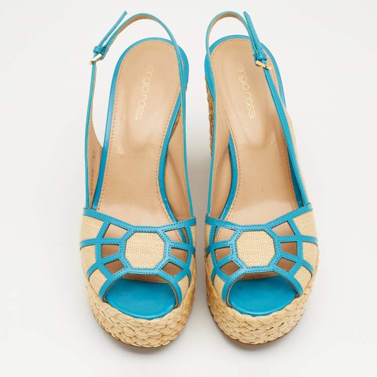 Pre Owned Sergio Rossi Beige/Blue Straw and Leather Slingback Wedge Sandals Size 37