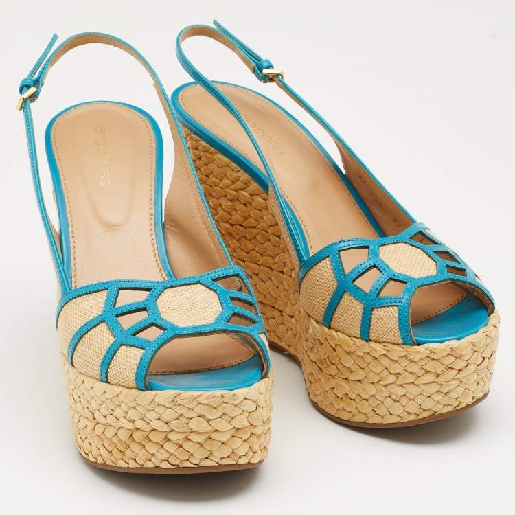 Pre Owned Sergio Rossi Beige/Blue Straw and Leather Slingback Wedge Sandals Size 37