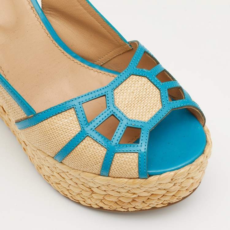 Pre Owned Sergio Rossi Beige/Blue Straw and Leather Slingback Wedge Sandals Size 37