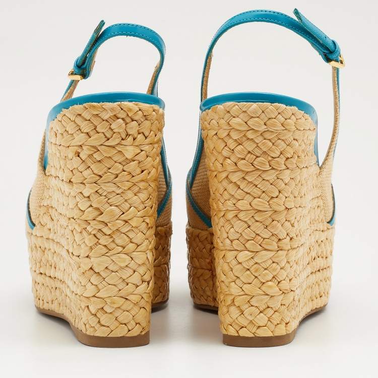 Pre Owned Sergio Rossi Beige/Blue Straw and Leather Slingback Wedge Sandals Size 37
