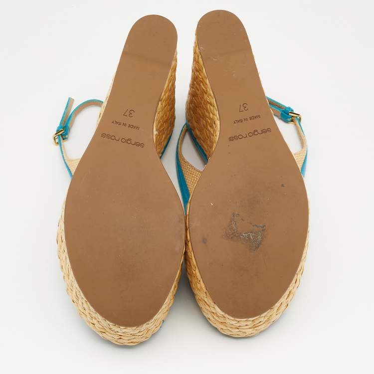 Pre Owned Sergio Rossi Beige/Blue Straw and Leather Slingback Wedge Sandals Size 37