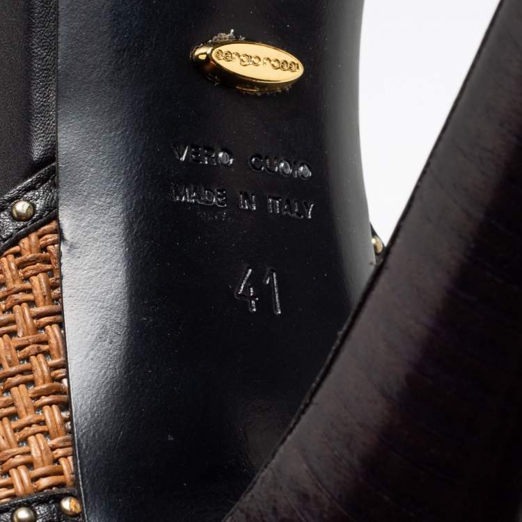 Pre Owned Sergio Rossi Black/Brown Leather Studded Platform Ankle Strap Sandals Size 41