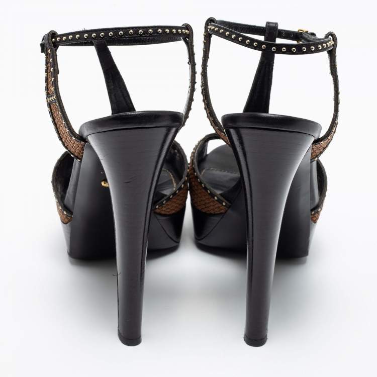 Pre Owned Sergio Rossi Black/Brown Leather Studded Platform Ankle Strap Sandals Size 41