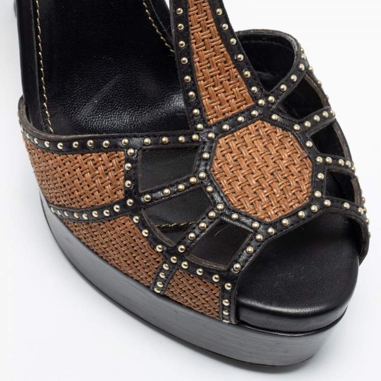 Pre Owned Sergio Rossi Black/Brown Leather Studded Platform Ankle Strap Sandals Size 41