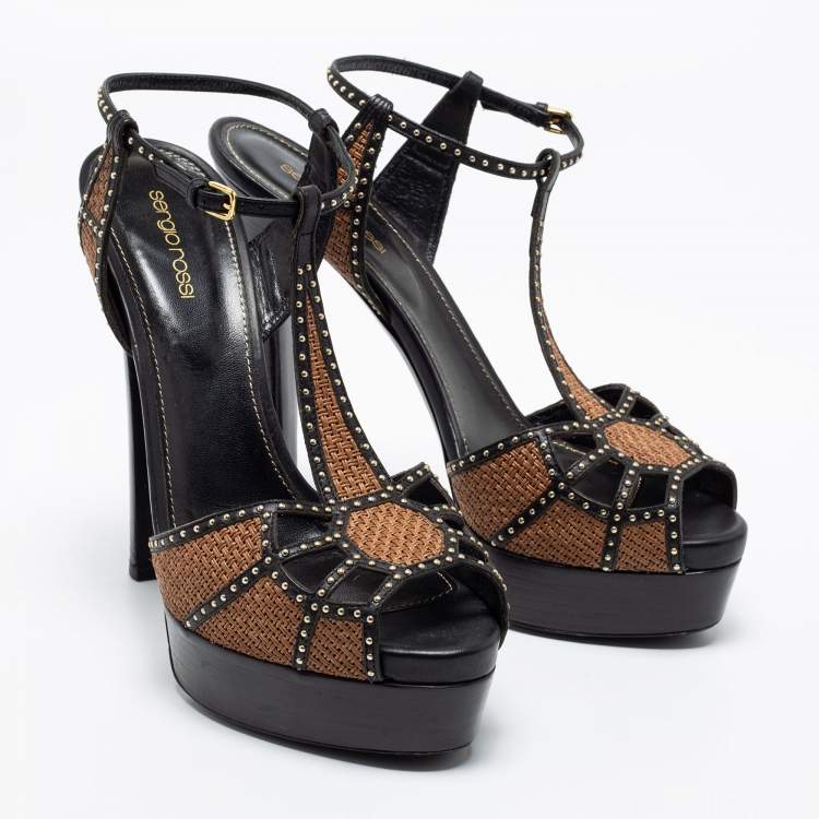 Pre Owned Sergio Rossi Black/Brown Leather Studded Platform Ankle Strap Sandals Size 41
