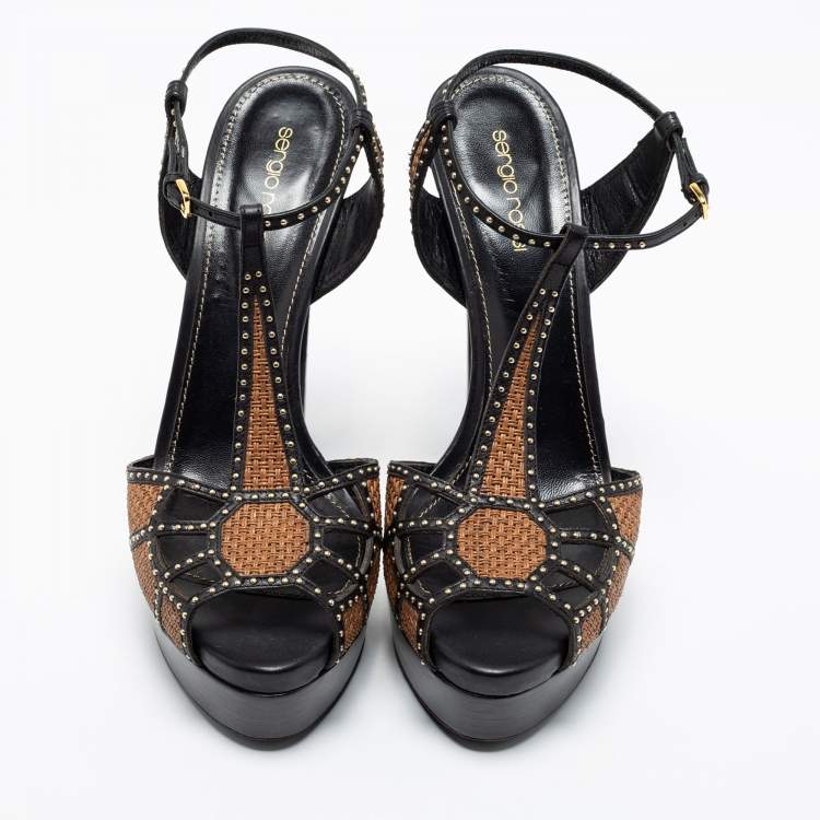 Pre Owned Sergio Rossi Black/Brown Leather Studded Platform Ankle Strap Sandals Size 41