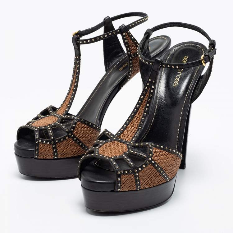 Pre Owned Sergio Rossi Black/Brown Leather Studded Platform Ankle Strap Sandals Size 41
