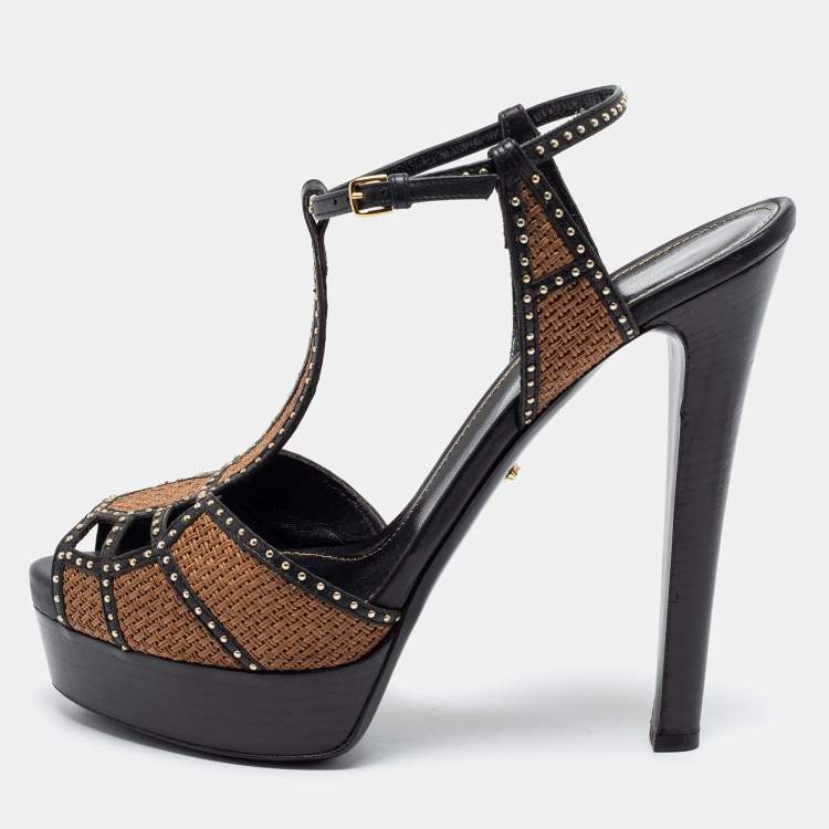 Pre Owned Sergio Rossi Black/Brown Leather Studded Platform Ankle Strap Sandals Size 41