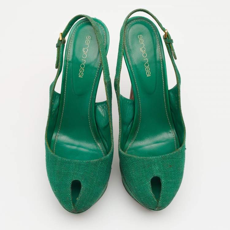 Pre Owned Sergio Rossi Green Canvas Cachet Peep Toe Platform Slingback Sandals Size 37