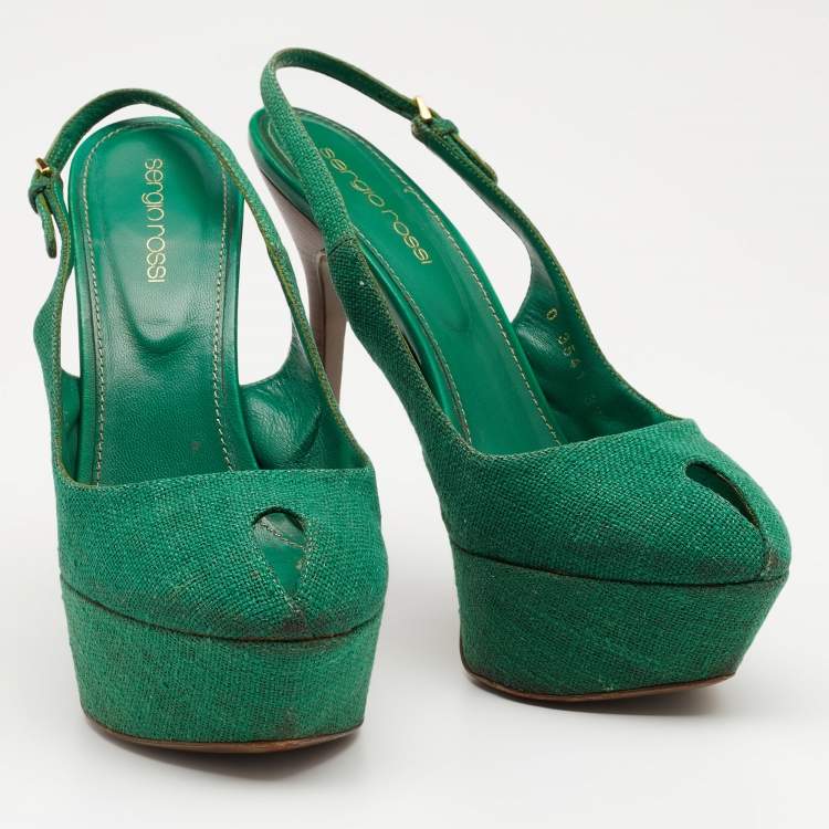Pre Owned Sergio Rossi Green Canvas Cachet Peep Toe Platform Slingback Sandals Size 37