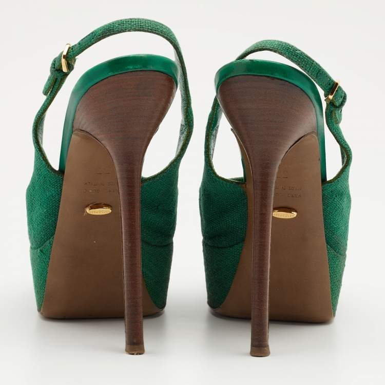 Pre Owned Sergio Rossi Green Canvas Cachet Peep Toe Platform Slingback Sandals Size 37
