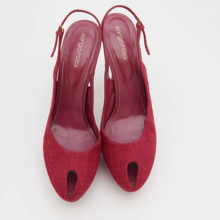 Pre Owned Sergio Rossi Magenta Canvas Peep Toe Slingback Platform Sandals Size 41