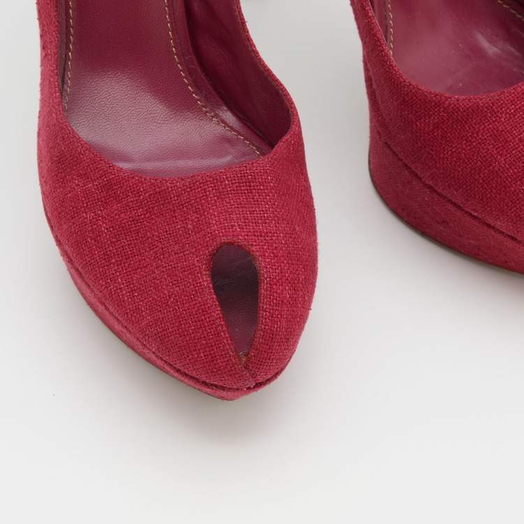 Pre Owned Sergio Rossi Magenta Canvas Peep Toe Slingback Platform Sandals Size 41