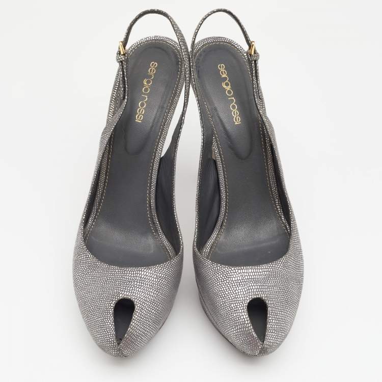 Pre Owned Sergio Rossi Silver Lizard Embossed Leather Peep Toe Slingback Platform Sandals Size 41