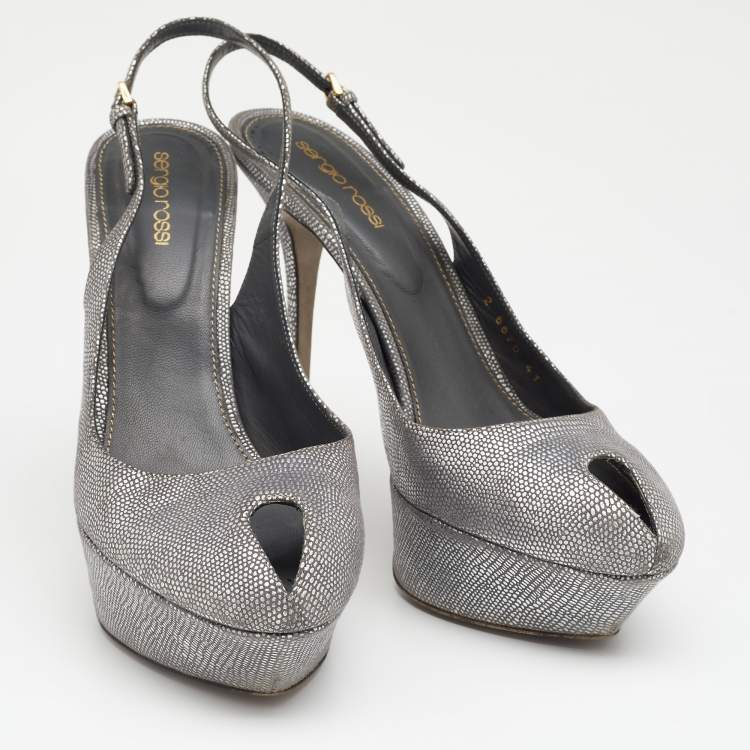 Pre Owned Sergio Rossi Silver Lizard Embossed Leather Peep Toe Slingback Platform Sandals Size 41