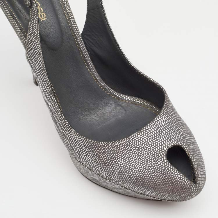 Pre Owned Sergio Rossi Silver Lizard Embossed Leather Peep Toe Slingback Platform Sandals Size 41