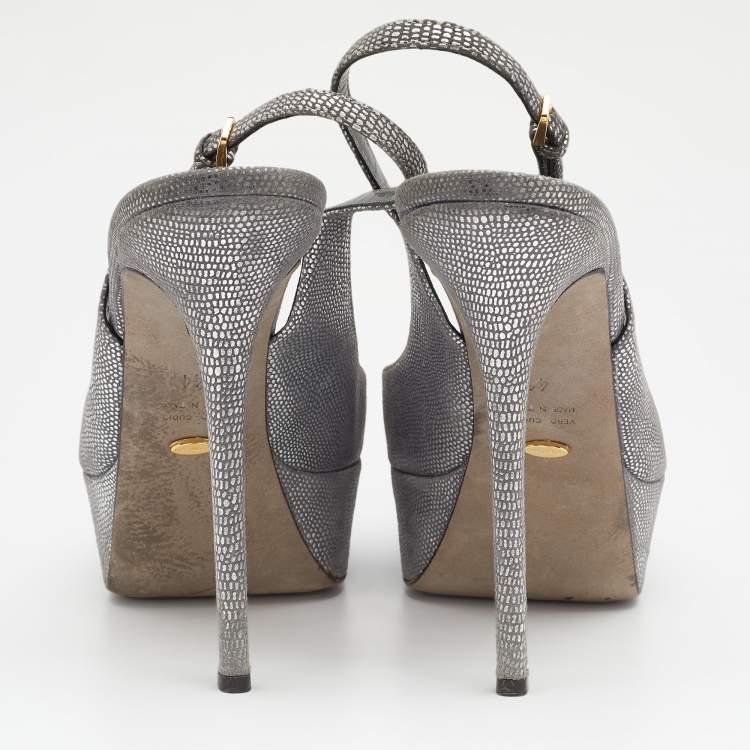 Pre Owned Sergio Rossi Silver Lizard Embossed Leather Peep Toe Slingback Platform Sandals Size 41