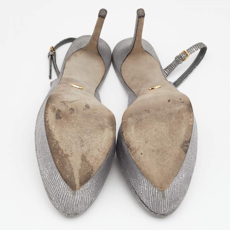Pre Owned Sergio Rossi Silver Lizard Embossed Leather Peep Toe Slingback Platform Sandals Size 41