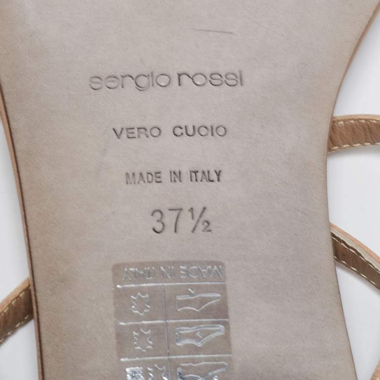Pre Owned Sergio Rossi Beige Satin and Leather Crystal Embellished Leaf Flat Ankle-Strap Sandals Size 37.5