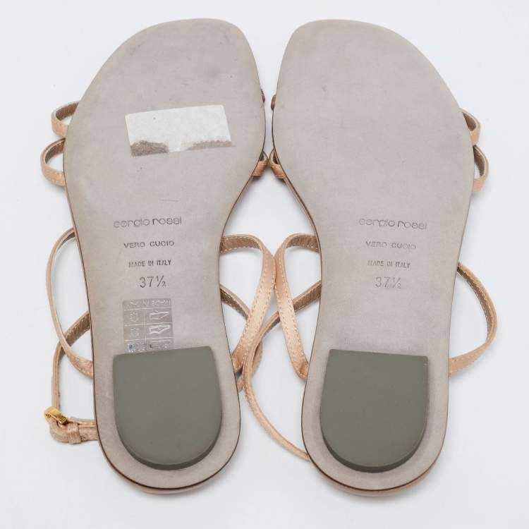 Pre Owned Sergio Rossi Beige Satin and Leather Crystal Embellished Leaf Flat Ankle-Strap Sandals Size 37.5