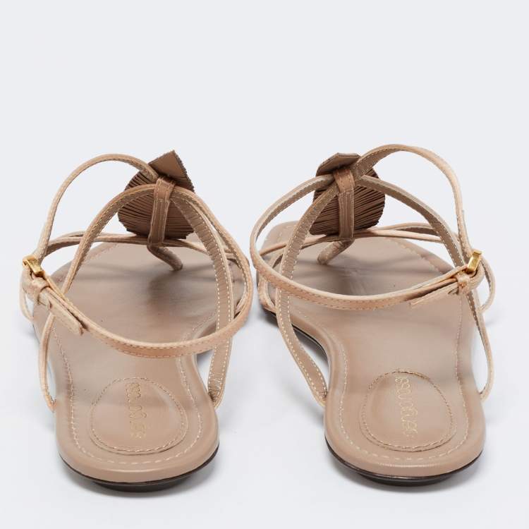 Pre Owned Sergio Rossi Beige Satin and Leather Crystal Embellished Leaf Flat Ankle-Strap Sandals Size 37.5