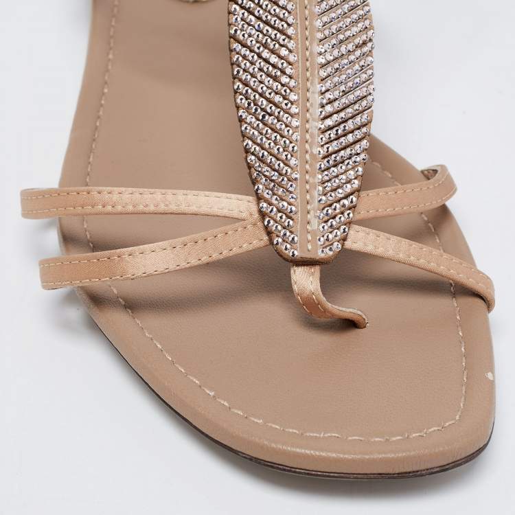 Pre Owned Sergio Rossi Beige Satin and Leather Crystal Embellished Leaf Flat Ankle-Strap Sandals Size 37.5