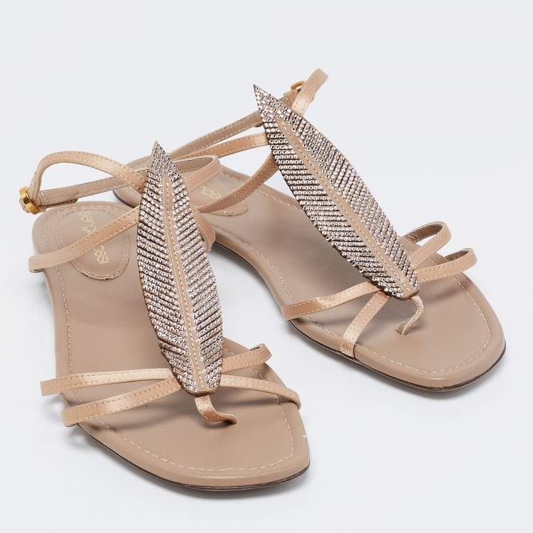 Pre Owned Sergio Rossi Beige Satin and Leather Crystal Embellished Leaf Flat Ankle-Strap Sandals Size 37.5