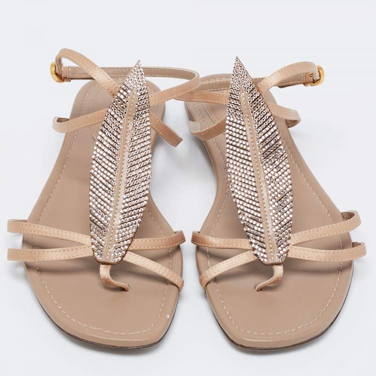 Pre Owned Sergio Rossi Beige Satin and Leather Crystal Embellished Leaf Flat Ankle-Strap Sandals Size 37.5