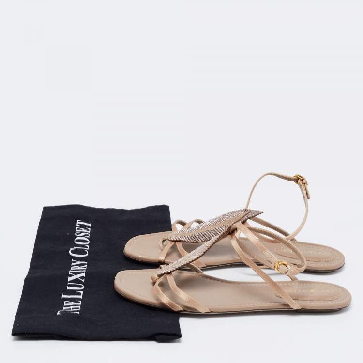 Pre Owned Sergio Rossi Beige Satin and Leather Crystal Embellished Leaf Flat Ankle-Strap Sandals Size 37.5